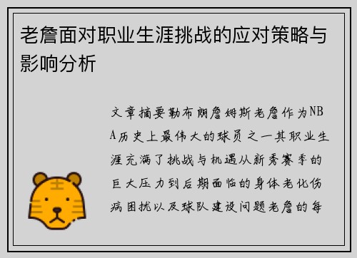 老詹面对职业生涯挑战的应对策略与影响分析