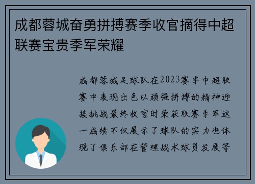 成都蓉城奋勇拼搏赛季收官摘得中超联赛宝贵季军荣耀