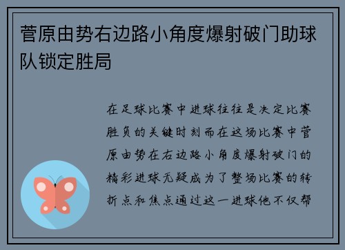 菅原由势右边路小角度爆射破门助球队锁定胜局