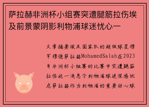 萨拉赫非洲杯小组赛突遭腿筋拉伤埃及前景蒙阴影利物浦球迷忧心一