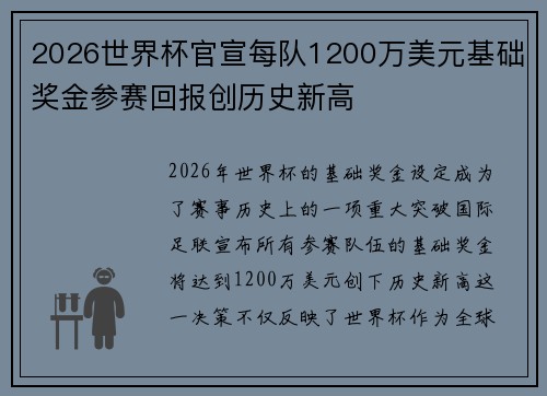 2026世界杯官宣每队1200万美元基础奖金参赛回报创历史新高