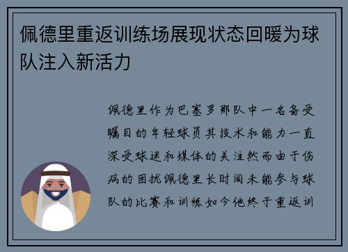 佩德里重返训练场展现状态回暖为球队注入新活力